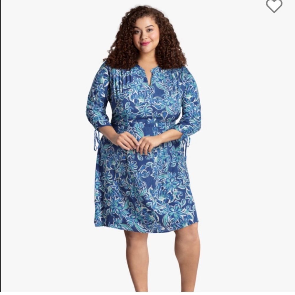 Molly & Isadora Keene Ruched Sleeve Dress Blue Tropical Knee Length Size 4X